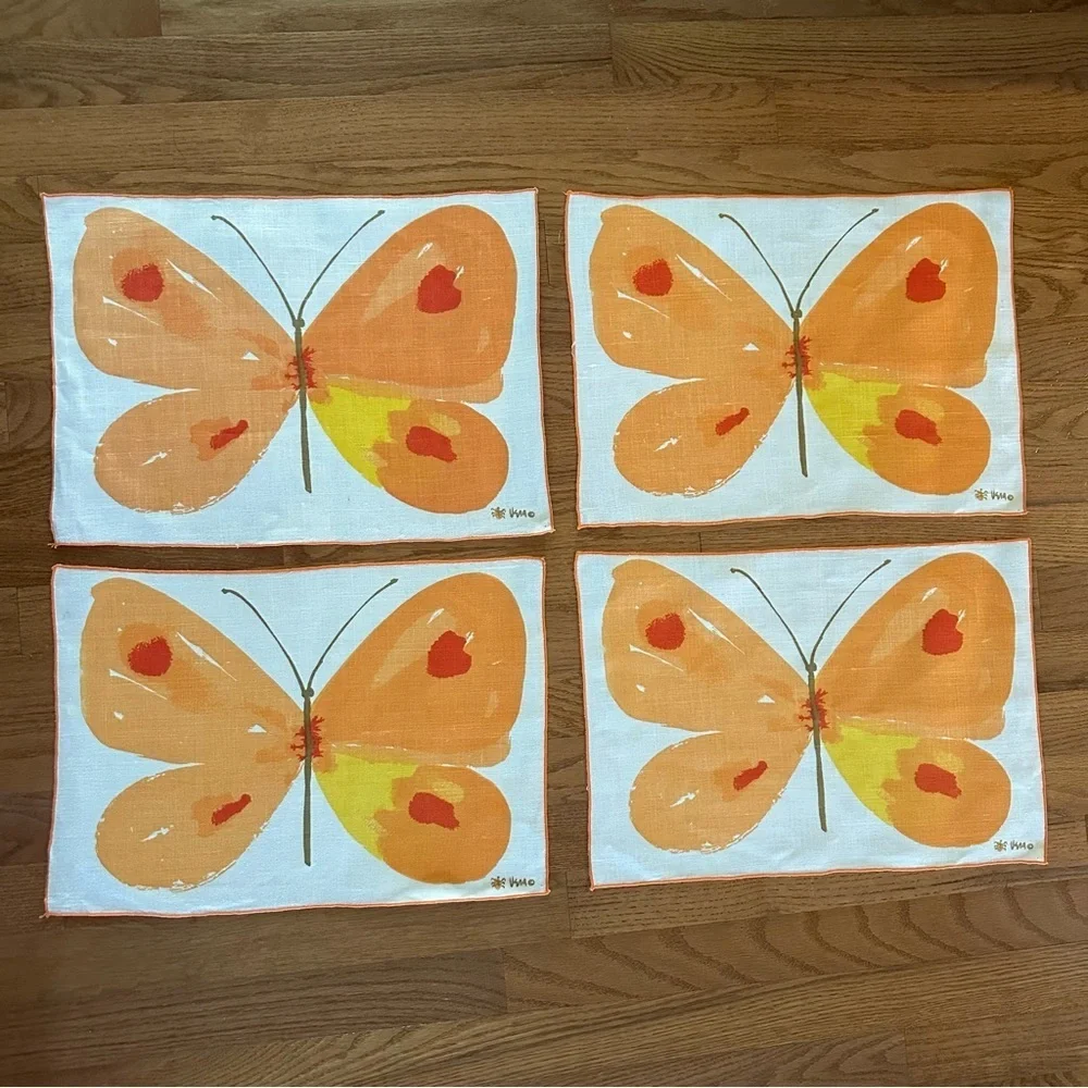 Set of 8 Vintage Vera Neumann Placemats Butterfly MCM Signed Retro Orange Cottag